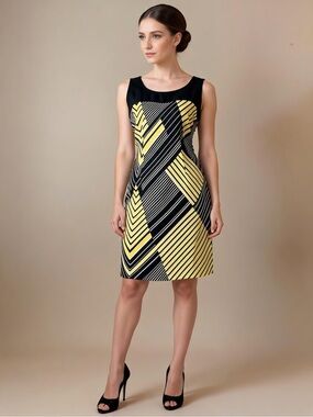 STITCH BTWEEN | Yellow Geometric Print Sleeveless Sheath Dress Sz S